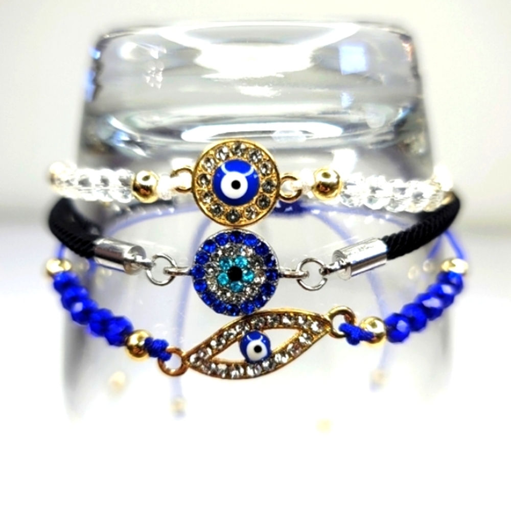 Evil Eye Bracelets Set of 3 Friendship Bracelets Rhinestone Blue Black & White